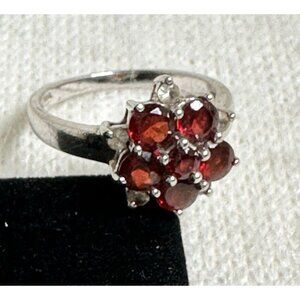 Sterling Silver Flower Ring w/ Six Rich Red CZs & Five Small White CZs - Size 7